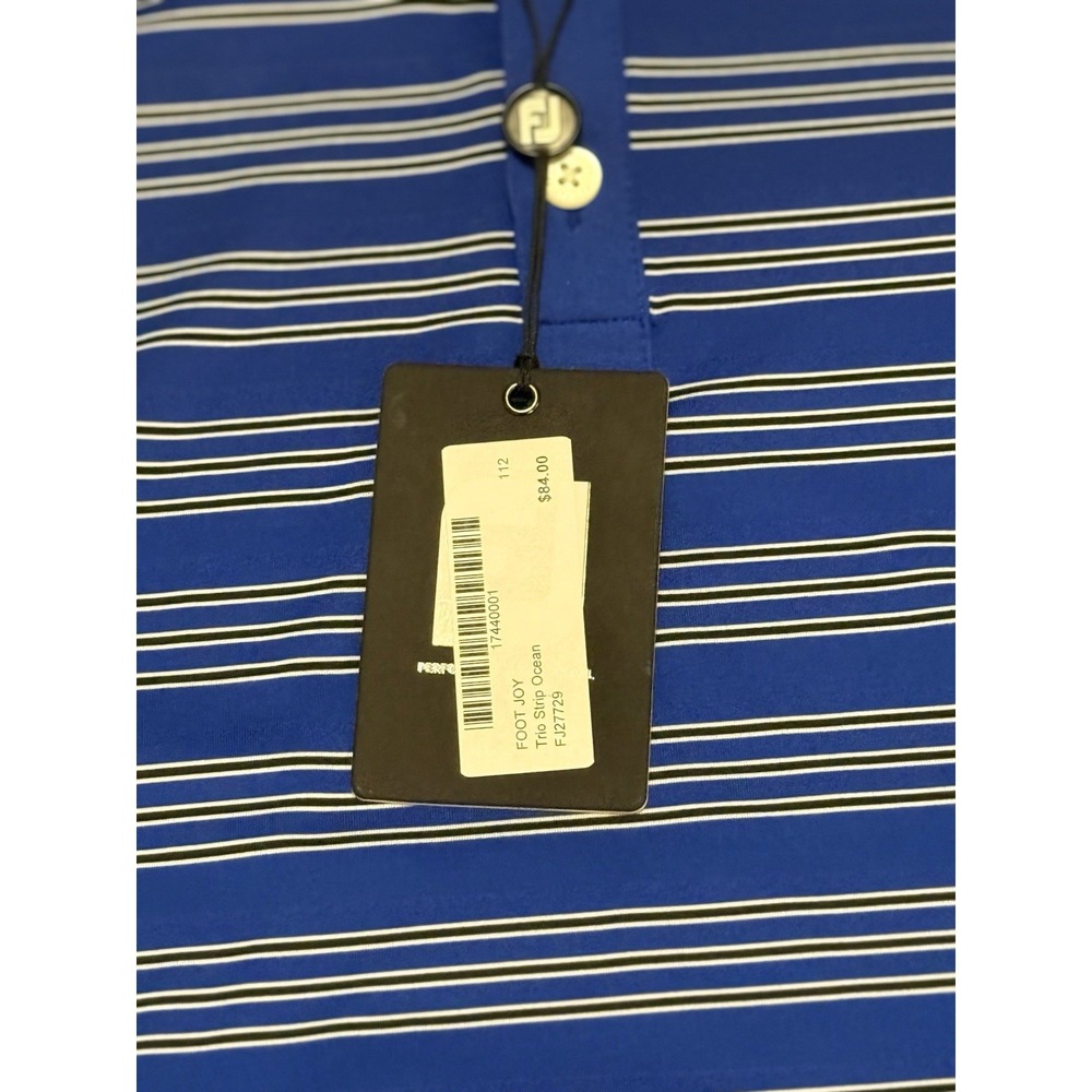 NEW Footjoy Mens L Blue Striped Polo Shirt Stretch Performance Golf Embroidered - Picture 3 of 10